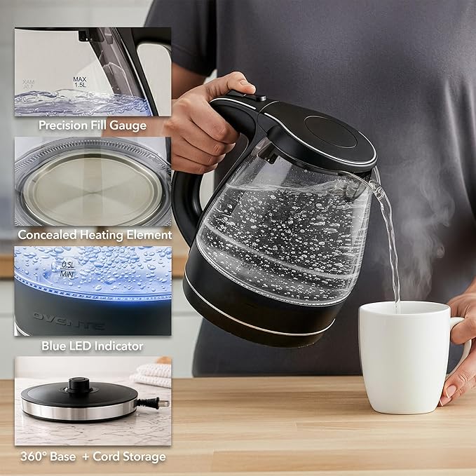 OVENTE Electric Kettle, 1.5L Borosilicate Glass Countertop Water Heater and Boiler for Coffee or Tea, BPA-Free, Auto Shut-Off, Boil-Dry Protection, Removable and Washable Spout Filter, Black KG83B
