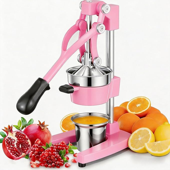 Commercial Heavy Duty Cast Iron Hand Press Manual Orange Citrus Lemon Lime Grapefruit Pomegranate Fruit Juice Squeezer Machine with Stainless Steel Cup Pink