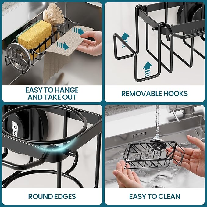 TAILI Sponge Holder with Strong Suction Cup, 4-in-1 Rustproof Sink Organizer - Sink Caddy Holds Sponges, Brushes, Stoppers & Scrapers -Black