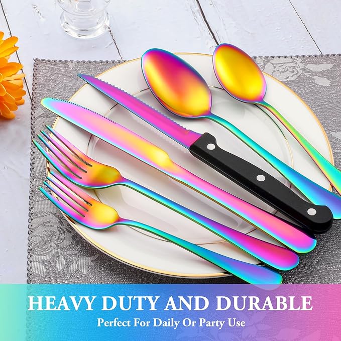 36 Pcs Rainbow Silverware Set with Steak Knives Service for 6,Stainless Steel Flatware Set,Mirror Polished Cutlery Utensil Set, Kitchen Eating Tableware,Include Fork Knife Spoon Set,Dishwasher Safe
