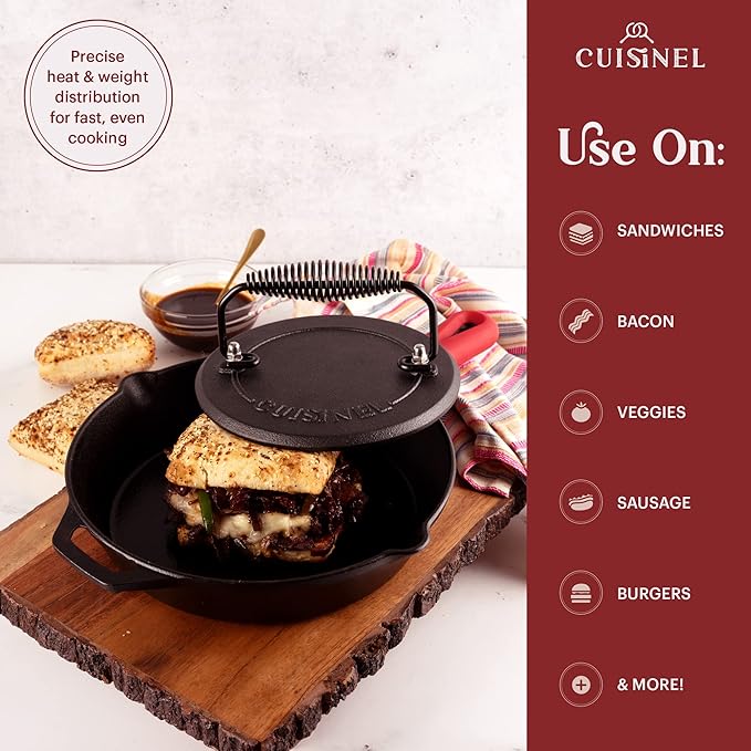 Cuisinel Cast Iron Skillet + Grill Press + Scraper Set - 10"-inch Pre-Seasoned Frying Pan + Silicone Handle Grip - 7" Round Burger Smasher - Indoor/Outdoor, Grill, Kitchen Cookware. PFAS and PFOA-free