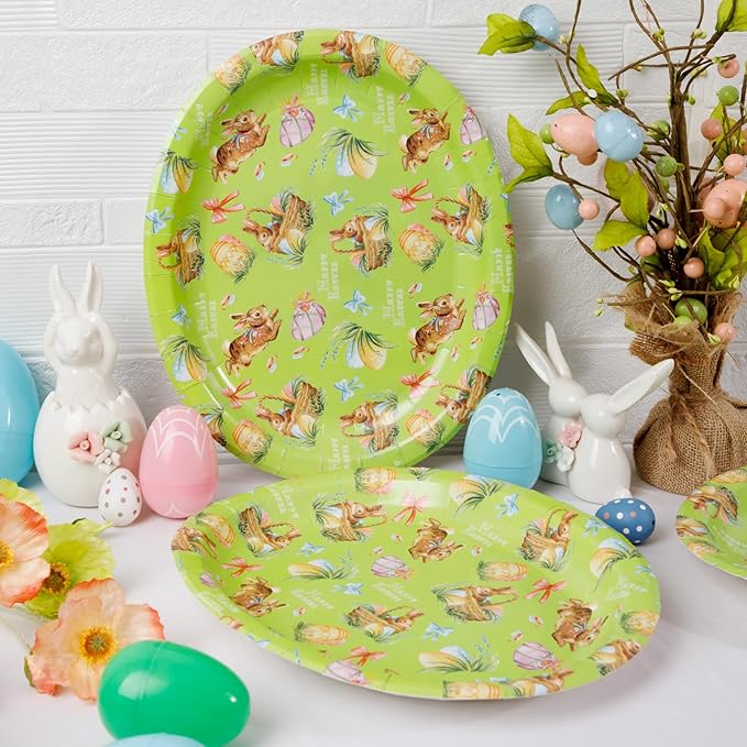WDF 50Pack Easter Plates Oval Paper Plates - 10" x 12" Bunny Plates for Party Supplies Easter Rabbits Large Disposable Platter for Easter Serving Tray Baby Shower Birthday