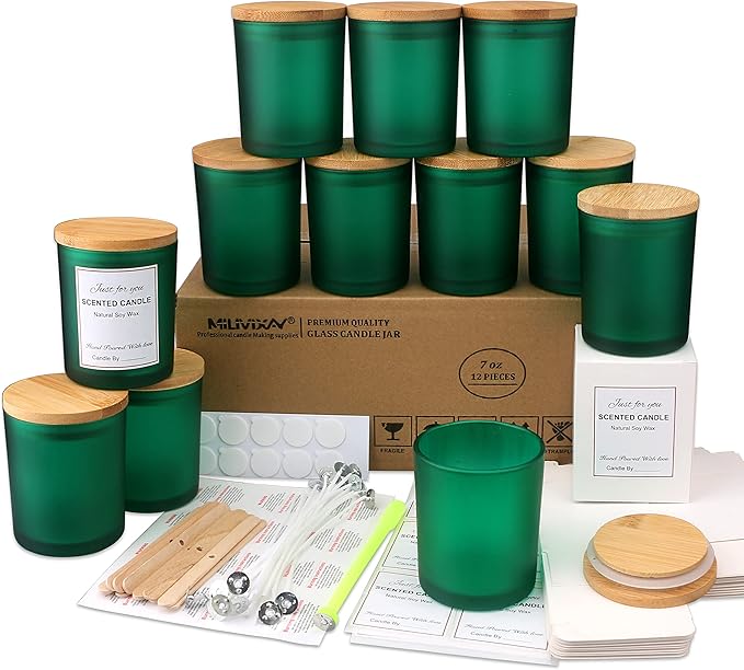 MILIVIXAY 12 Pack 7 OZ Matt Green Glass Candle Jars with Lids and Candle Making Kits - Bulk Empty Candle Jars for Making Candles - Spice, Powder Containers.