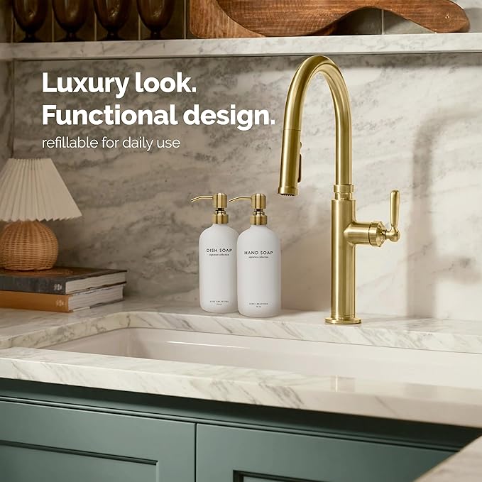 Vine Creations White Glass Soap Dispenser Set, Dish Soap and Hand Soap Dispenser Set with Stainless Steel Pump, 16 oz Glass Dispensers for Kitchen or Bathroom Decor (Matte White Bottle/Brushed Brass)