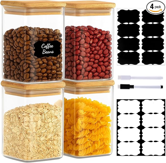 TBWIND 37oz(1.2Qt) Square Glass Storage Containers with Bamboo Lids – 4 Pack Clear Food Airtight Glass Jars for Pantry Organizers and Storage, Kitchen Dry Food, Coffee, Sugar, Flour, Snacks, Spices