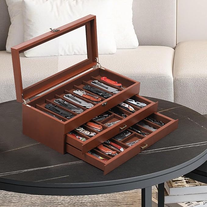 AUTOARK 3-Tier PU Leather & Velvet Knife Organizer with 26 Slots,Transparent Glass Top & Drawer,Compact Storage for Pocket Knives,Ideal for Men's Collections & Gifts,Coffee,MKAW013
