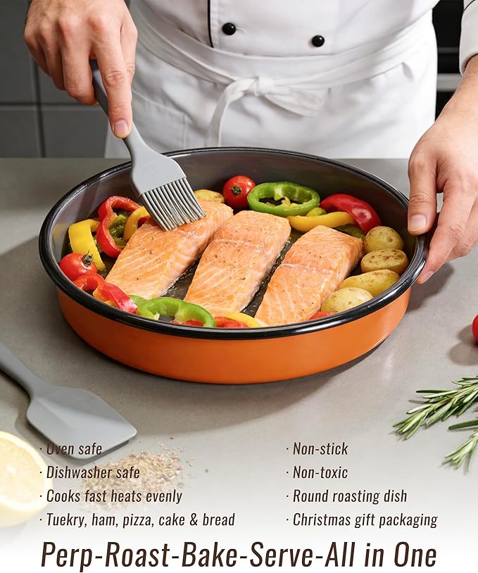 Round Enamel Roasting Pan Set Bakeware 4 Pack Cake Pizza Baking Dish 9/10/12/14 Inch Non-Stick Heat Resistance Chicken Roaster Oven Dishwasher Safe, Birthday Mother Day Gift Cookware