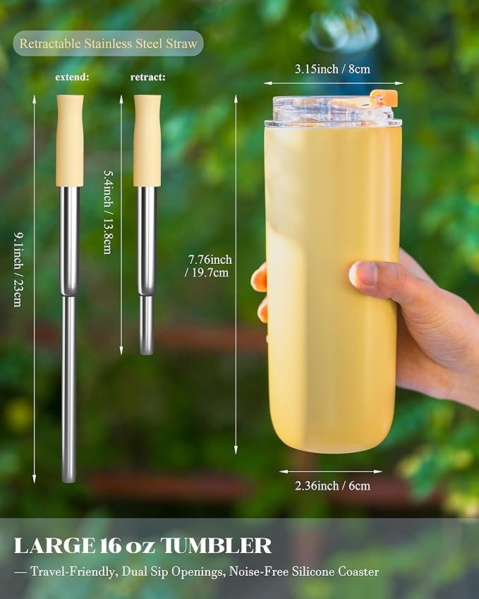 16 oz Insulated Coffee Tumblers, Travel Coffee Tumblers with Straw, Double-Wall Stainless Steel Tumbler, Leak Proof Tumbler, Reusable Cups with Lids for lced and Hot Drinks (Yellow)