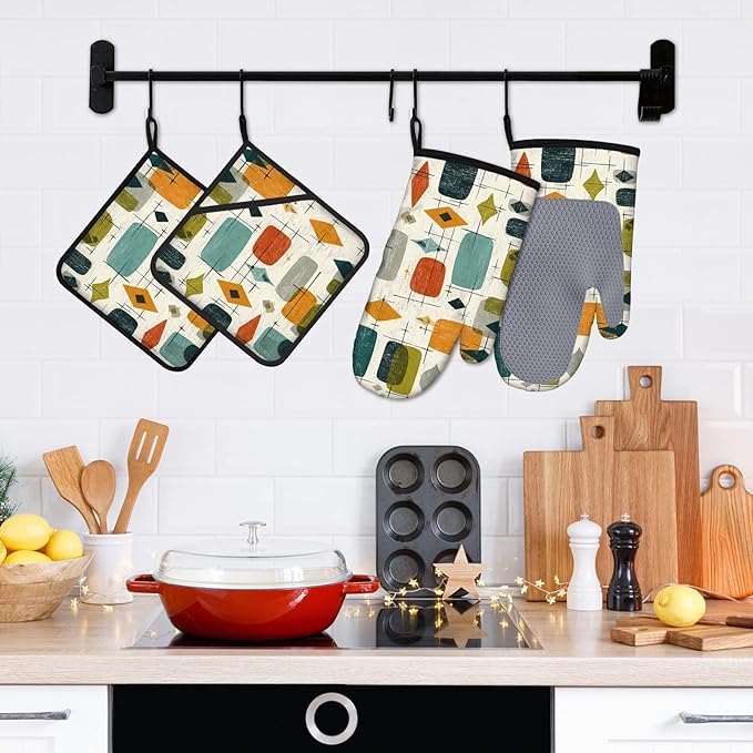Mid Century Oven Mitts and Pot Holders Sets 4Pcs Silicone Non-Slip Mitts Heat Resistant Gloves Hot Pads for Kitchen Cooking Baking Grilling BBQ
