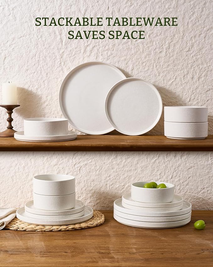 Famiware Nebula Plates and Bowls Sets, 12 Pieces Stoneware Dinnerware Sets, Reactive Glaze Dish Set, Dishes Set for 4, Matte Beige White