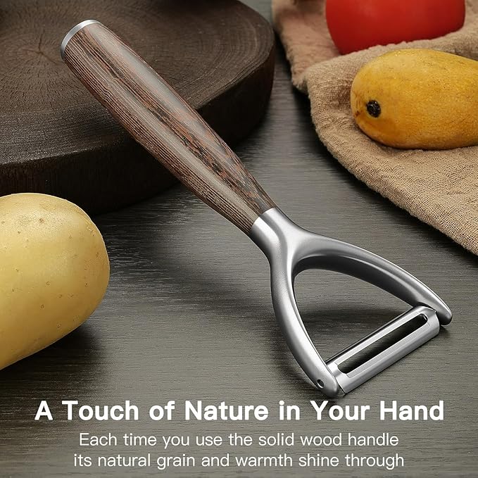 JUSEEPO Premium Vegetable Peeler, Y Type Swivel 304 Stainless Steel Blade Comfortable Solid Wood Handle, Practical gift for the home kitchen mom grandma for Veggie, Fruit, Potato(Black Walnut)