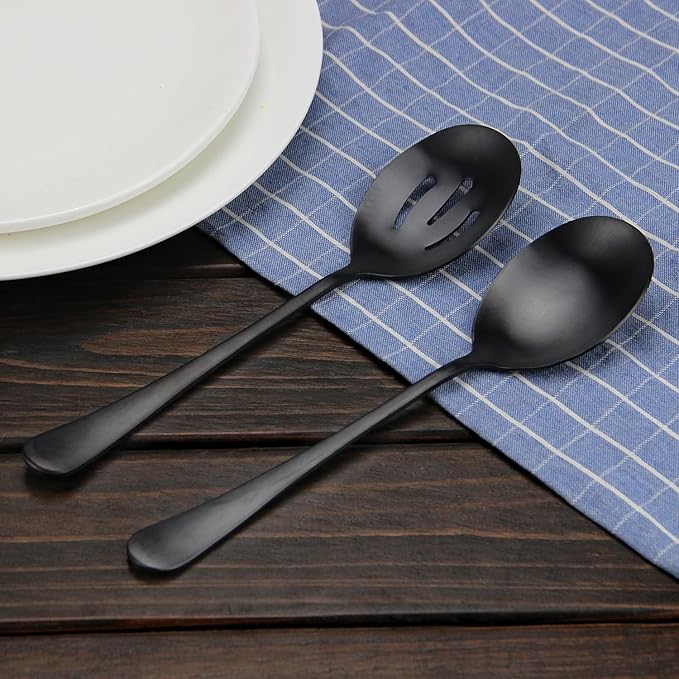 AOOSY Matte Black Serving Spoons Set,8.7-Inch Long Handle Slotted Spoons and Serving Spoons for Buffet, Banquet, Cooking, and Kitchen,2 Pieces