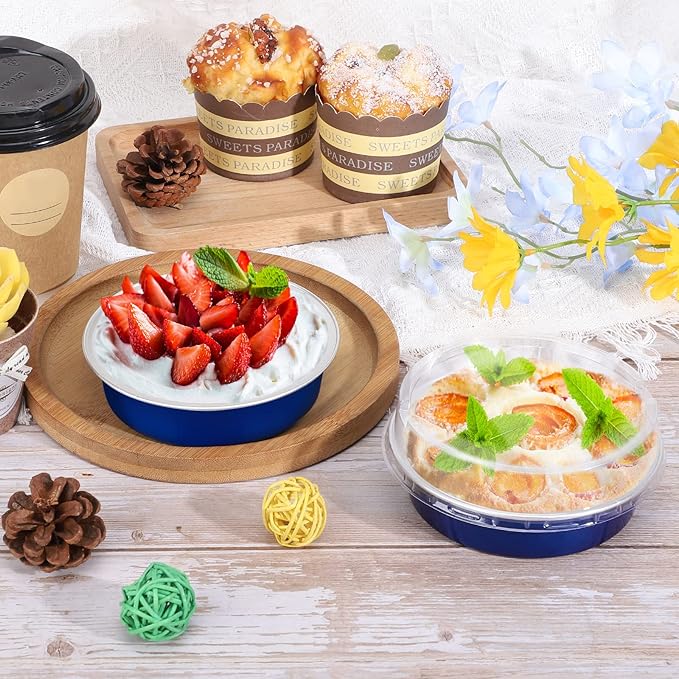 Beasea Mini Tart Pan 50 Pack with Lids, 4 Inch 8oz Jewelry Blue Disposable Aluminum Baking Foil Tins Small Round Container for Individual Dessert Cupcake Muffin Cheesecake Ramekins Quiche Oven Dishes