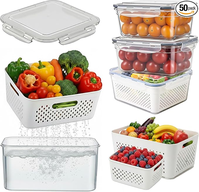 5 Pack Large Fruit Storage Containers for Fridge with Removable Colander-Plastic Food Storage Containers with Lids Airtight-Leak Proof Refrigerator Organizers and Storage of Vegetable -Produce Storage