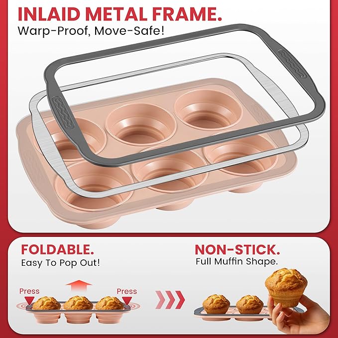 Silicone Muffin Pan - 6 Cups Regular Size Cupcake Pan Egg Bite Molds Muffin Pans for Baking - Nonstick, Easy to Pop, Bakeware for Oven Dishwasher Safe, BPA Free (6-Cups Pink)