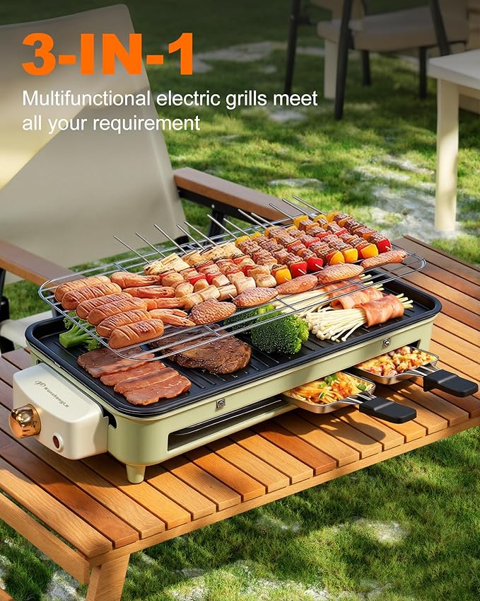 1500W Electric Indoor Grill, 3 in 1 Smokeless Korean Barbecue Grill with Net & Non-Stick Removable Plate and Velcro, Temperature Control & Dishwasher Safe, Smokeless Korean BBQ for Kitchen Party