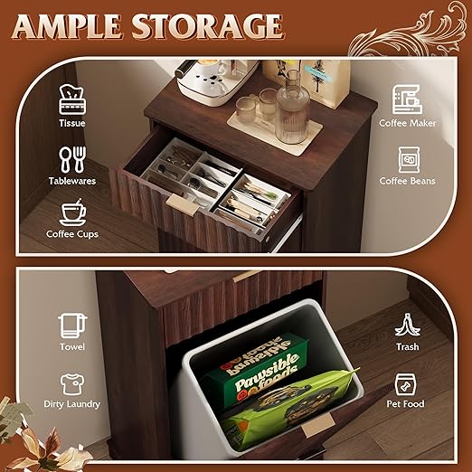 WLIVE 10 Gallon Trash Can Cabinet, Tilt Out Garbage Can Cabinet with Storage Drawers,Food/Clothes Storage Pet Proof Wooden Trash bin, Hidden Laundry Hamper for Kitchen, Home, Laundry (Brown)