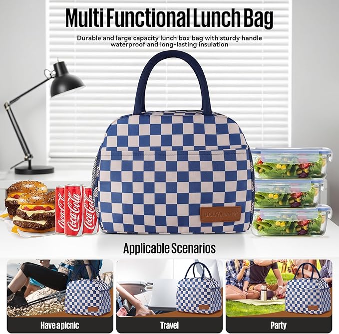 douyadady Lunch Bag Women/Men Lunch Box Women/Men (Blue+Beige Checkerboard)
