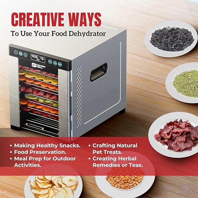 Magic Mill Pro Food Dehydrator Machine | 10 Stainless Steel Trays | Dryer for Jerky, Dog Treats, Herb, Meat, Beef, Fruit | Keep Warm Function, Digital Timer and Temperature Control, ETL Approved