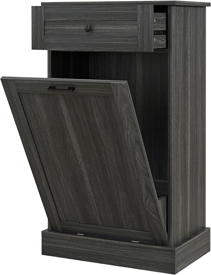 HRVEOCEI Single Tilt Out Trash Can Cabinet for 10 Gallon, Trash Can Holder Cabinet with Drawer, Farmhouse Garbage Cabinets for Kitchen Living Room, Easy to Clean (Light Gray)