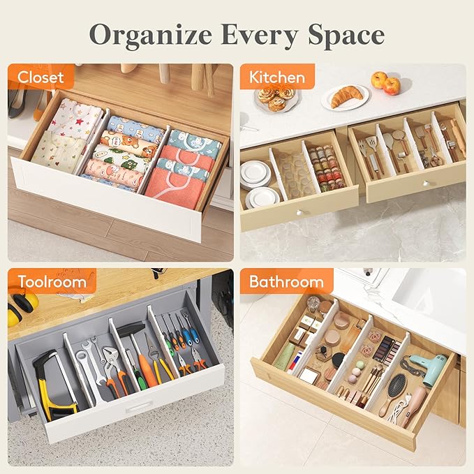 Lifewit 5" Tall 12 Pack Drawer Dividers, 30-47cm/11.5-18.5" Expandable Drawer Divider for Clothes, Adjustable Dresser Drawer Organizers, Drawers Separators for Dresser/Bathroom/Closet/Kitchen White