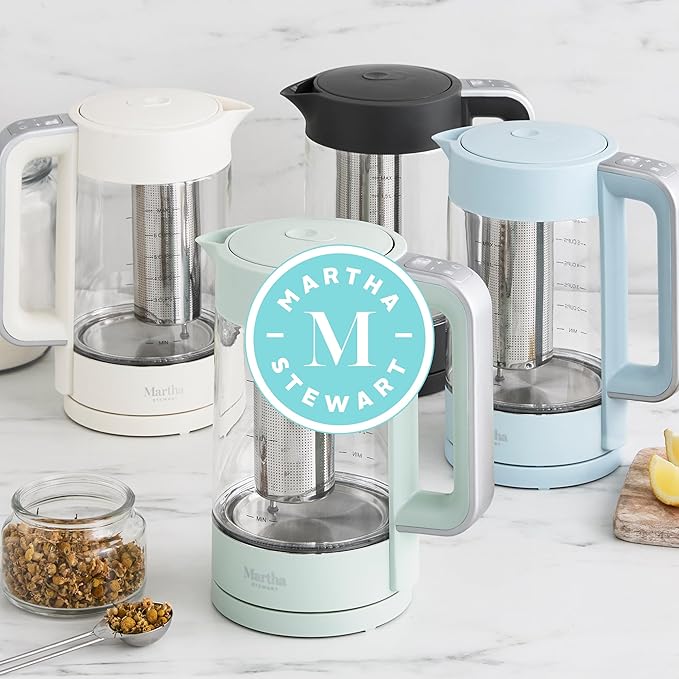 Martha Stewart Electric Kettle with Removable Stainless Steel Tea Infuser, Glass Carafe 1.7L (7 Cups), Hot Water Boiler, 4 Presets, Keep Warm & Auto Shut-Off, Cordless 360° Swivel Base, Sky Blue