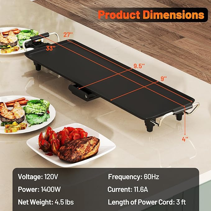 27” Electric Griddle, Extra Large Nonstick Teppanyaki Grill with Adjustable Temperature, Drip Tray & Insulated Handles, Easy-to-clean Pancake Griddle, BBQ Grill for Indoor Outdoor & Party