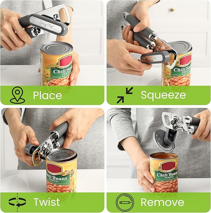 Spring Chef Stainless Steel Can Opener - Manual with Soft Grip Handles, Easy Turn, Heavy Duty Hand Can Openers for Seniors with Smooth Edge - Magnetic Lid Remover - Gray