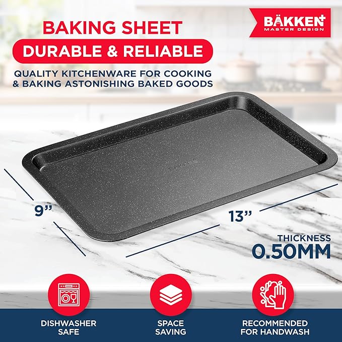 BAKKEN Kitchen Baking Pans - Nonstick Gray Coating, 13.18’’ × 8.66’’ Commercial Grade Carbon Steel Cookie Sheet, Baking Kitchen Essentials, PFOA, PFOS, PTFE Free, Oven Safe Tray (450° F), Gray