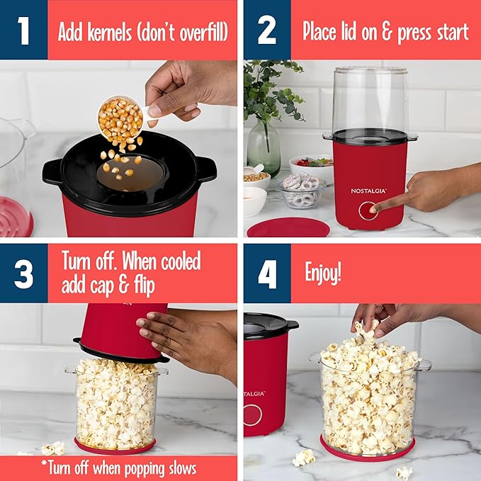 Nostalgia 8-Cup Hot Air Popcorn Maker & Bowl - 2-In-1 Bowl & Lid, 2 oz Measuring Cup - Oil-Free Pop Corn for Movie Night, Snacks, Birthday Parties, and More - Red