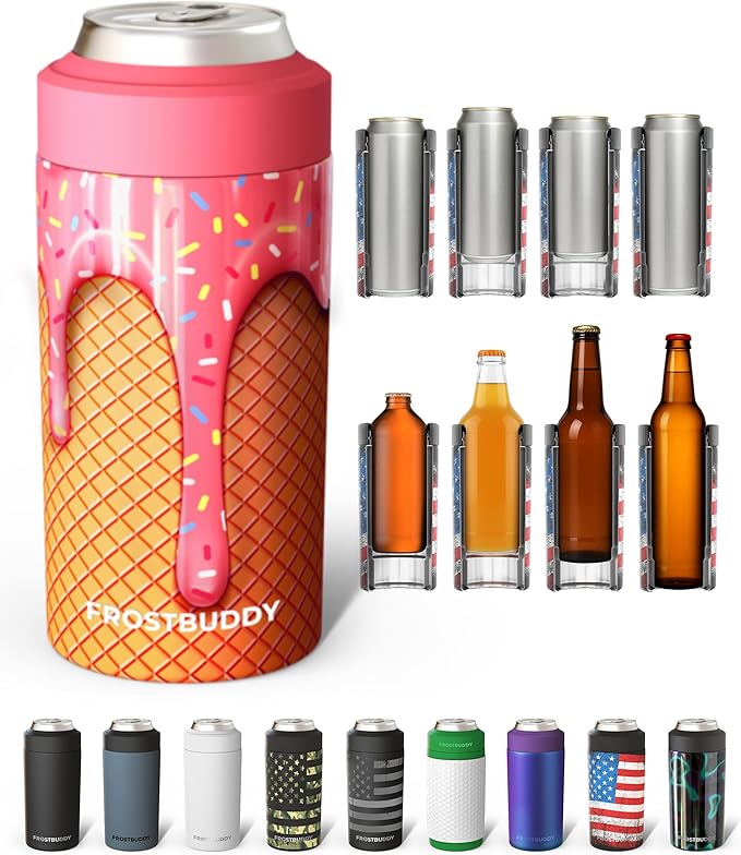 Frost Buddy Universal Buddy Can Cooler - Fits All - For Regular 12 & 16 oz or Slim-Size Bottles - Insulated Double-Walled Stainless Steel (Ice Cream)