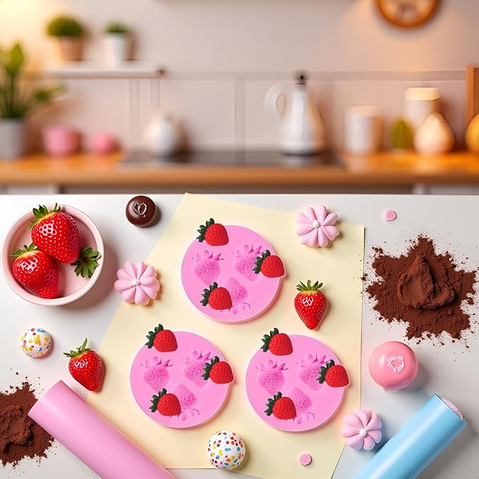 3Pcs Pink 3D Strawberry Silicone Mold Soap Sugar Fondant Molds DIY Cake Chocolate Decorating Tool Candy Biscuit Fondant Molds For Cake Decorating Kitchen Cookware, Pastry and Baking