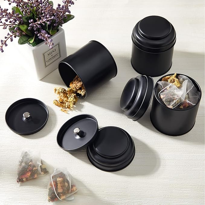Meanplan 12 Pcs Tea Tin Canister with Airtight Double Lids Round Tin Can Box Small Kitchen Tea Canister Loose Leaf Storage Containers for Loose Bags Coffee Sugar Candy Spices(Black,8 oz)