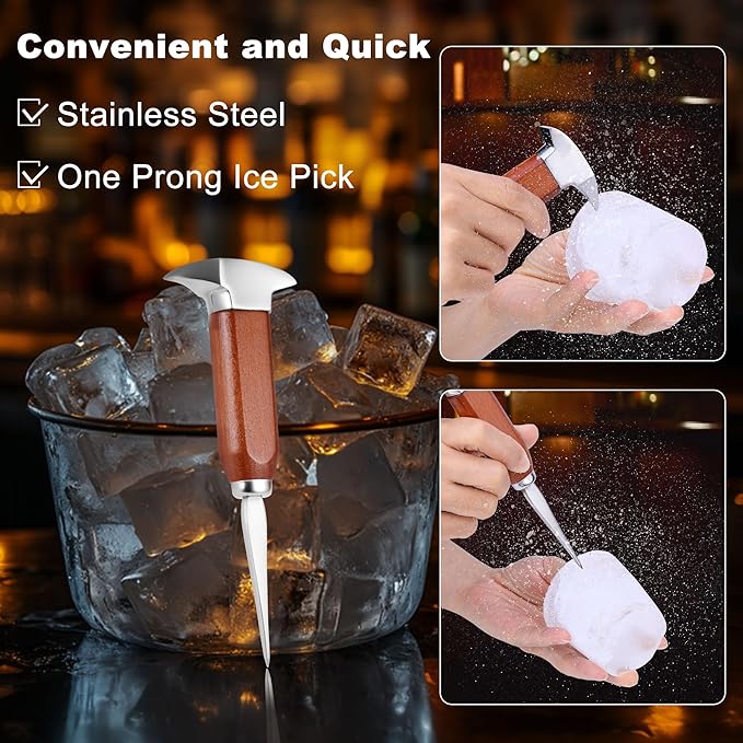 4Pcs Ice Pick Set, Stainless Steel Ice Chipper with Wood Handle, Bartender Kit Ice Crusher with Tong Ideal for Bars, Kitchen and Carving Craft Art