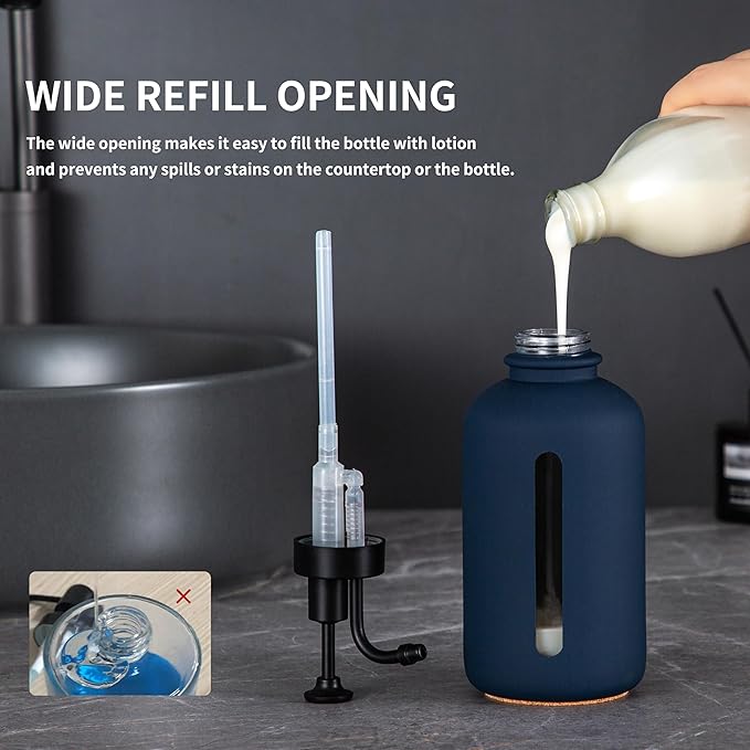 Enra Glass Soap Dispenser with Window,17oz Blue Hand Soap Dispenser Stainless Steel Hand Pump,Countertop Lotion Bottle for Bathroom Kitchen(Blue-Liquid
