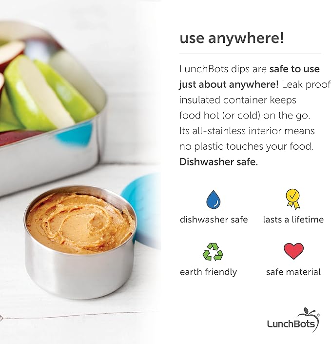 LunchBots 2.5 oz Stainless Steel Dressing Container for Condiments, Dips, Snacks, Dipping Sauce Cups with Silicone Lid, Fits in Lunch Bags and Bento Boxes - Set of 2 (Aqua)