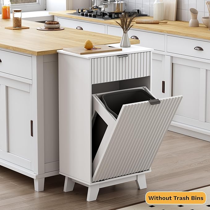 Modern Tilt Out Laundry Hamper Cabinet, 10 Gallon Wooden Trash Can Cabinet with Storage Drawer, Hidden Fluted Bathroom Storage Cabinet for Kitchen, Living Room (White, 20.47"W x 35.83"H x 13"D)