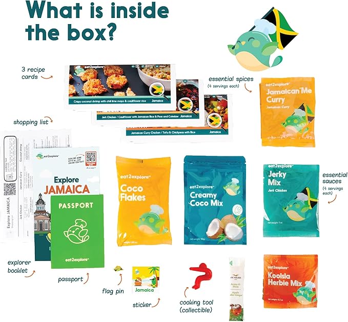 eat2explore Cooking Kits for Kids 15 Pcs – Interactive & Educational Kids Cooking Sets Real for Ages 5 and Up,3 Recipe Cards & Global Ingredients – Fun for Young Chefs (Jamaica Edition)