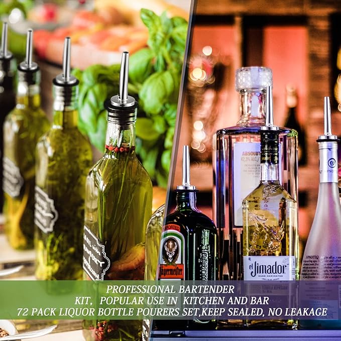 72 Pcs Stainless Steel Bottle Pourers Tapered Liquor Pourers with Rubber Dust Caps Tapered Spouts Set Bar Supplies Vinegar Bottle Dispenser Wine Liquor Spout for Oil Beer Drink Water