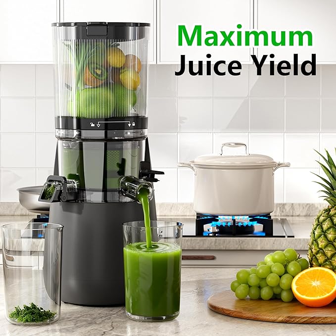Cold Press Juicer, 6" Extra Large Feed Chute Slow Masticating Juicer Machines, Powerful AC Brushless Motor, Self Precut System, Juicer Machines with BPA-Free, Extra one Replace juicer strainer
