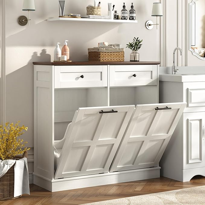 Double Trash Can Cabinet, 26 Gallons Farmhouse Hidden Wood Garbage Can Bin Cabinet with Drawers, Tilt Out Laundry Hamper with Laundry Storage Basket for Bathroom, Kitchen, Antique White