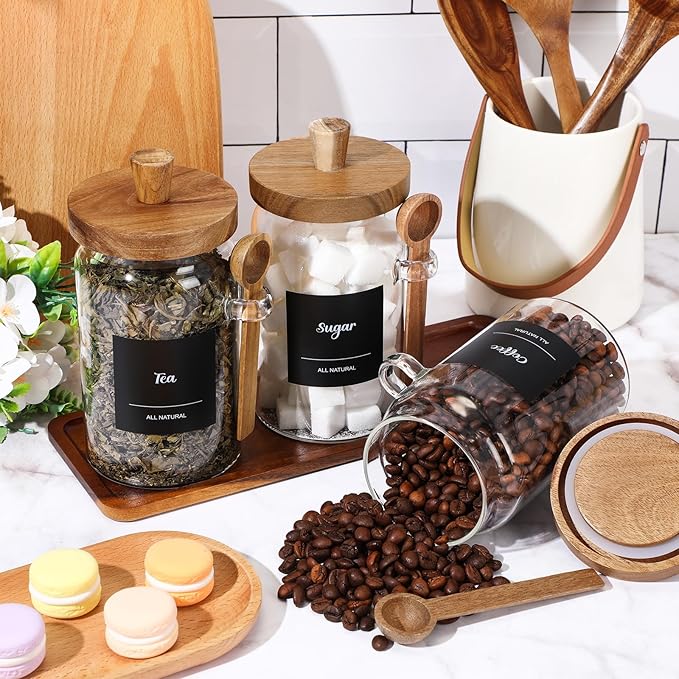 Suclain 3 Pcs Glass Coffee Container with Wooden Lid Spoon Shelf Labels Clear Airtight Jar Food Storage Canister Set for Sugar Spice Coffee Bean Holder Housewarming Gift(25 oz,Acacia Brown)
