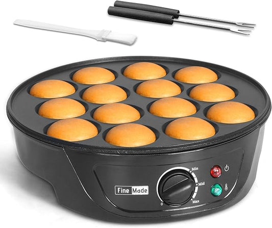 FineMade Non Stick Mini Pancakes Maker Machine, Electric Poffertjes Pan with Browning Control, Small Ebelskiver Aebleskiver Pan, Dutch Mini Pancake Maker, with Brush & Forks, 14 Slots, Black
