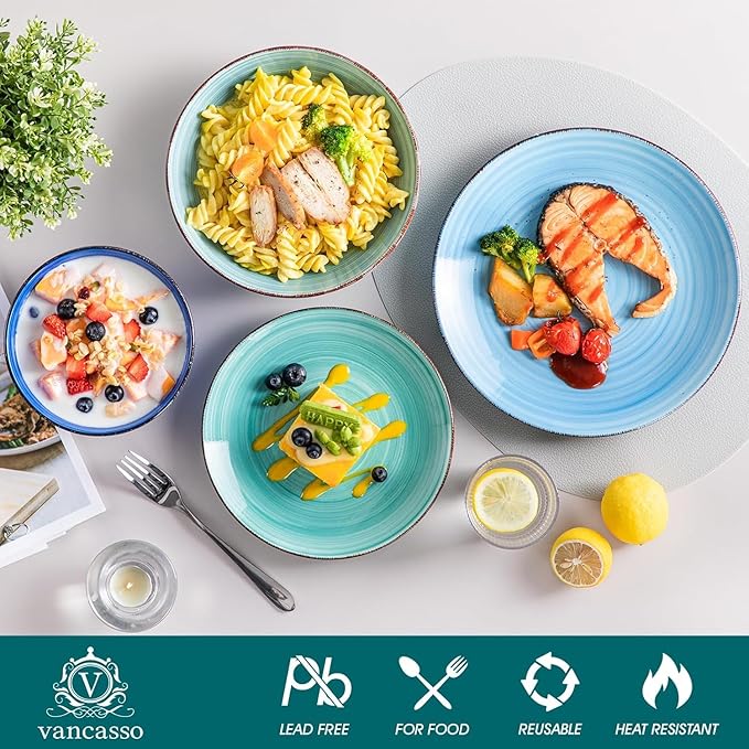 vancasso Bonita Stoneware Dinnerware Sets 24 Pieces Service for 6, Hand-Painted Spiral Dishes Set, Ceramic Kitchen Plates and Bowls Sets-Microwave and Dishwasher Safe (Blue,24 Pcs)