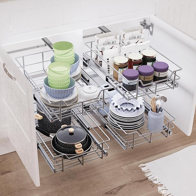 Pull Out Cabinet Organizer 20" W X 17" D, Slide Out Drawers For Kitchen Cabinets, Pull Out Drawers For Cabinets Capacity Heavy Duty Caddy, Cabinet Pull Out Shelves Chrome-Plated, Bathroom Pantry