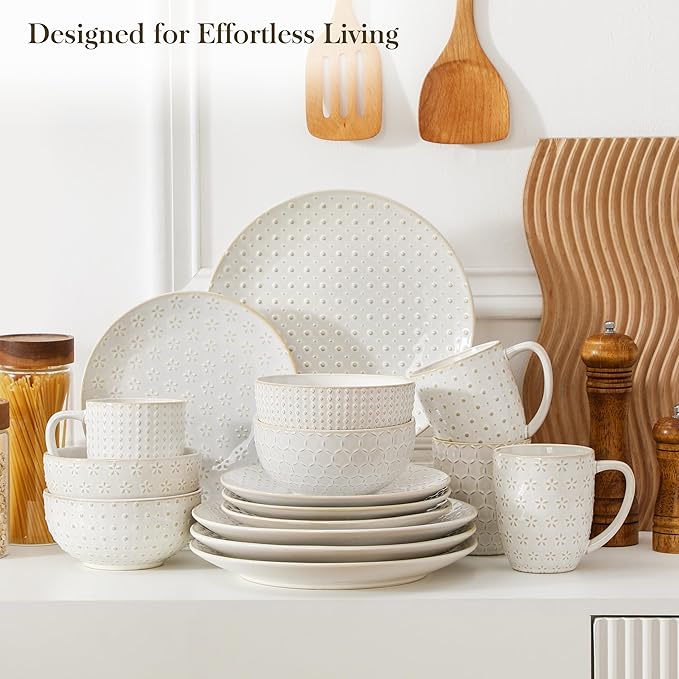 MALACASA 16 Pieces Dinnerware Sets, Modern Relief Design Plates and Bowls Sets, White Dish Set for 4, Kitchen Ceramic Dinner Plates Dishware Set, Microwave and Dishwasher Safe, Series LYDIA