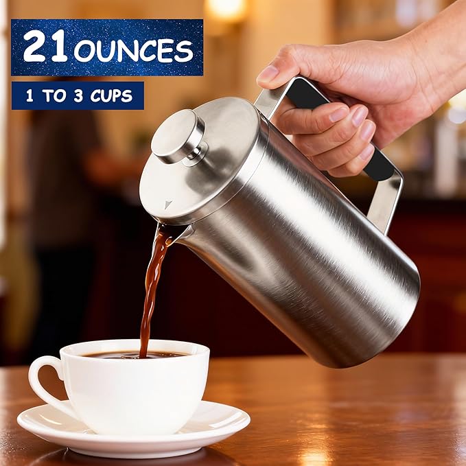Samll French Press Coffee Maker 21OZ, Stainless Steel 600ml Coffee Press with Black Handle for Personal, Office, Travel,Camping (Sanding Silver, 1-3 Cups)