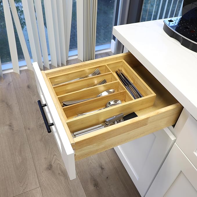 Elama Bamboo Wood Drawer Organizer Tray, Utensil Storage, Desk Drawer Storage (5 Section Tray)