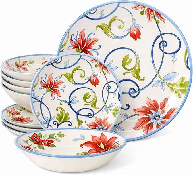 Tudor Royal 12-Piece Round Porcelain Dinnerware Set, Service for 4, Botanical Design, Summer Flowers, Plates Bowls Dishes, Glossy, Premium Quality Dish Set, Unique Pattern