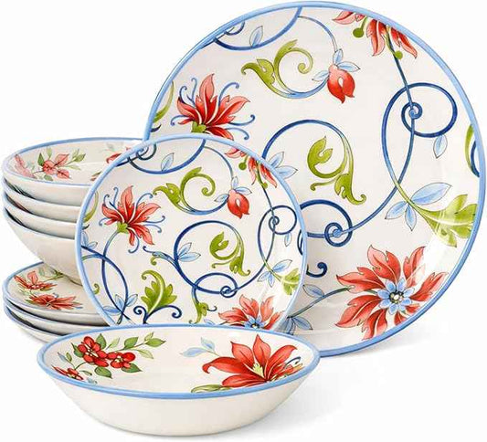 Tudor Royal 12-Piece Round Porcelain Dinnerware Set, Service for 4, Botanical Design, Summer Flowers, Plates Bowls Dishes, Glossy, Premium Quality Dish Set, Unique Pattern